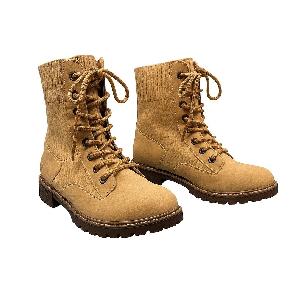 Blowfish Malibu Brown Tan‎ Vegan Leather Knit Combat Boots 10 Indie Gorpcore Lug